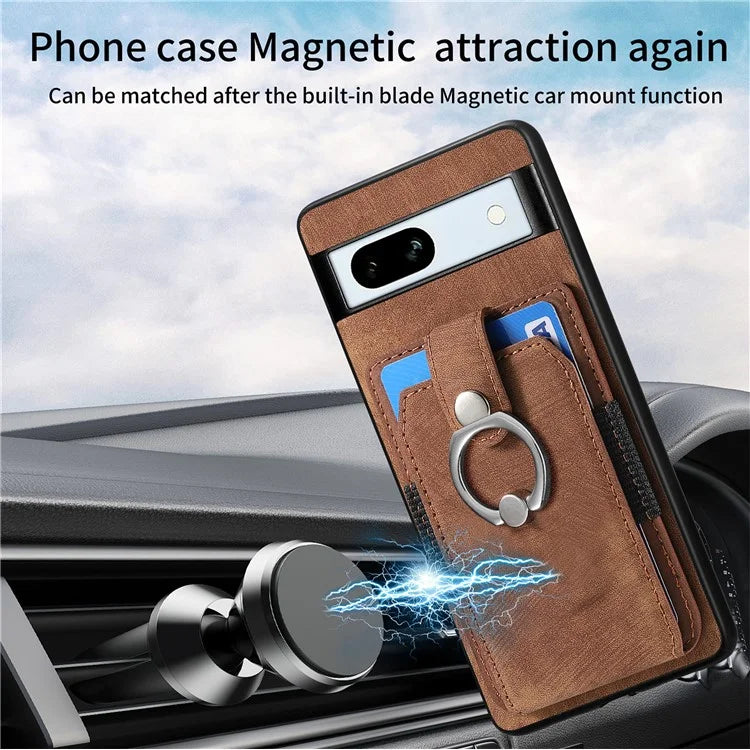 D2 For Google Pixel 7a Case with Card Holder Ring Kickstand Leather Coated TPU Phone Cover
