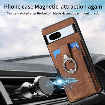D2 For Google Pixel 7a Case with Card Holder Ring Kickstand Leather Coated TPU Phone Cover