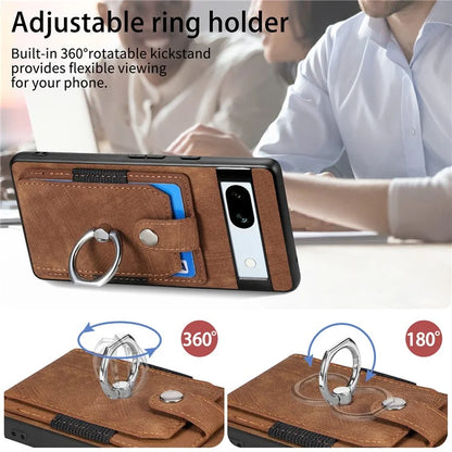 D2 For Google Pixel 7a Case with Card Holder Ring Kickstand Leather Coated TPU Phone Cover