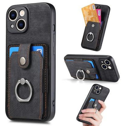 D2 For iPhone 13 6.1 inch Case Retro Rotation Ring Kickstand Leather Phone Back Cover