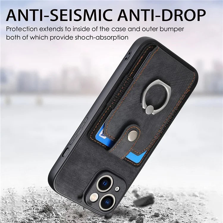 D2 For iPhone 13 6.1 inch Case Retro Rotation Ring Kickstand Leather Phone Back Cover