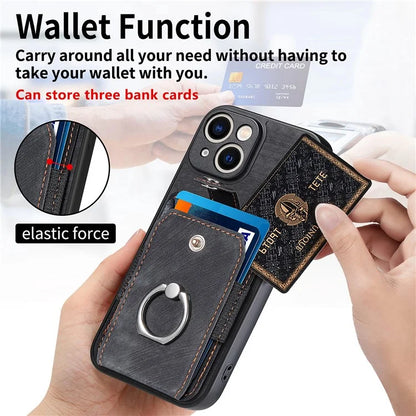 D2 For iPhone 13 6.1 inch Case Retro Rotation Ring Kickstand Leather Phone Back Cover