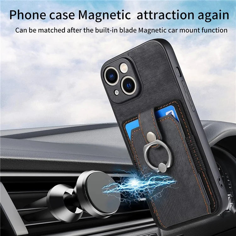 D2 For iPhone 13 6.1 inch Case Retro Rotation Ring Kickstand Leather Phone Back Cover