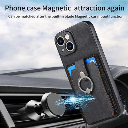 D2 For iPhone 13 6.1 inch Case Retro Rotation Ring Kickstand Leather Phone Back Cover