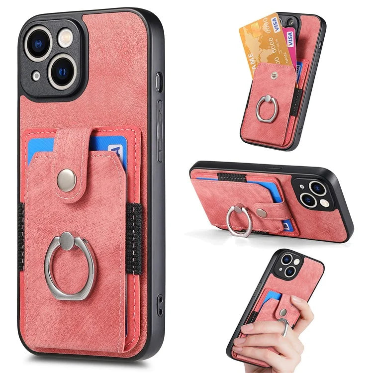 D2 For iPhone 13 6.1 inch Case Retro Rotation Ring Kickstand Leather Phone Back Cover