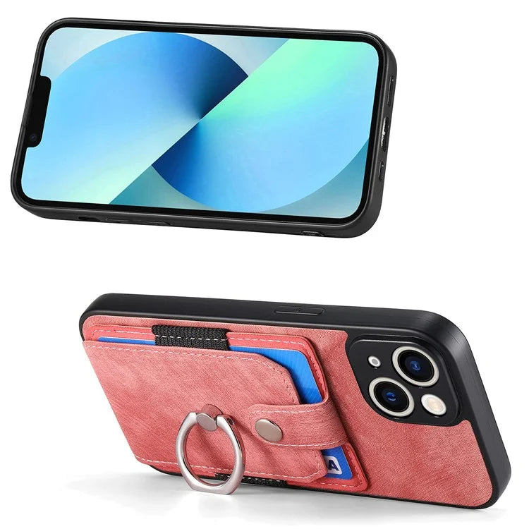 D2 For iPhone 13 6.1 inch Case Retro Rotation Ring Kickstand Leather Phone Back Cover