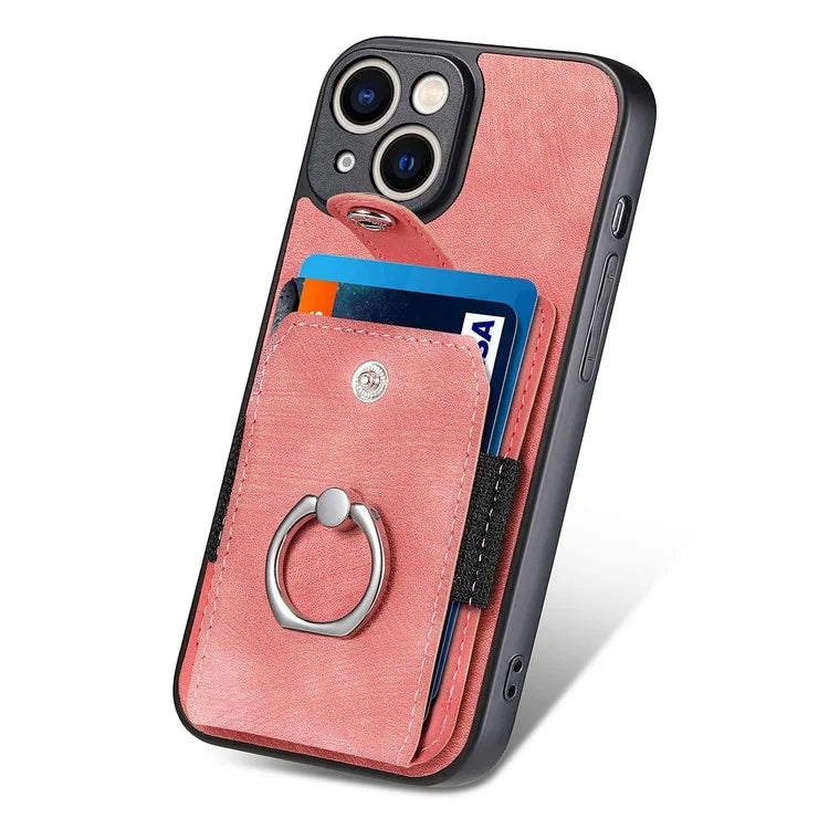 D2 For iPhone 13 6.1 inch Case Retro Rotation Ring Kickstand Leather Phone Back Cover