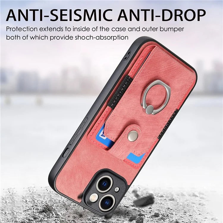 D2 For iPhone 13 6.1 inch Case Retro Rotation Ring Kickstand Leather Phone Back Cover