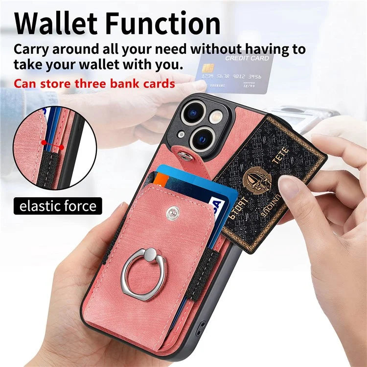 D2 For iPhone 13 6.1 inch Case Retro Rotation Ring Kickstand Leather Phone Back Cover