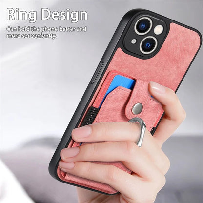 D2 For iPhone 13 6.1 inch Case Retro Rotation Ring Kickstand Leather Phone Back Cover