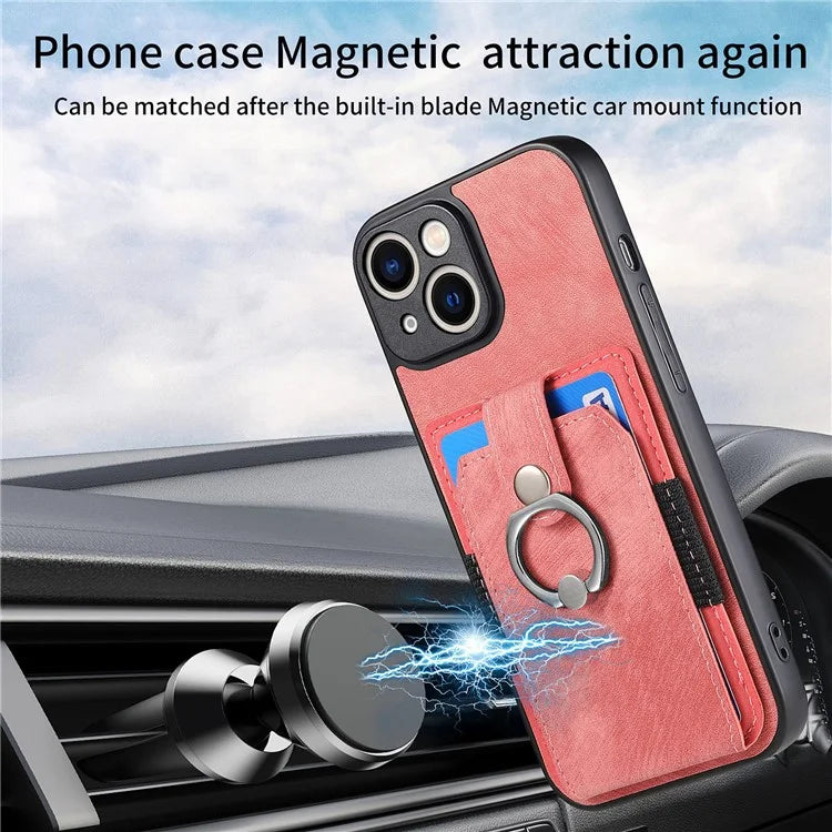 D2 For iPhone 13 6.1 inch Case Retro Rotation Ring Kickstand Leather Phone Back Cover