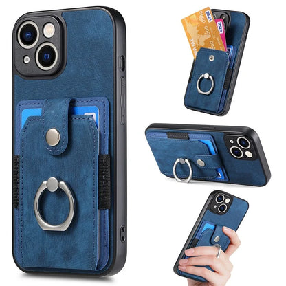 D2 For iPhone 13 6.1 inch Case Retro Rotation Ring Kickstand Leather Phone Back Cover