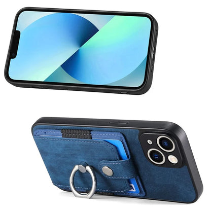 D2 For iPhone 13 6.1 inch Case Retro Rotation Ring Kickstand Leather Phone Back Cover