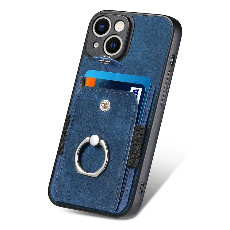 D2 For iPhone 13 6.1 inch Case Retro Rotation Ring Kickstand Leather Phone Back Cover