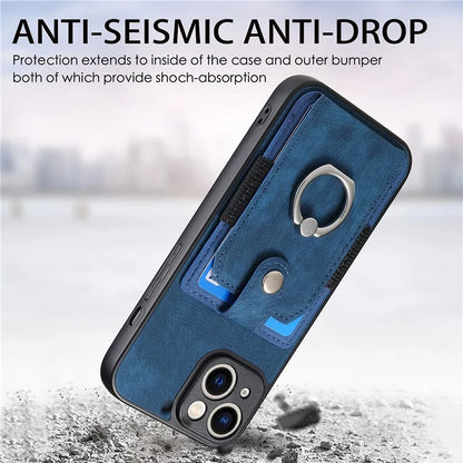 D2 For iPhone 13 6.1 inch Case Retro Rotation Ring Kickstand Leather Phone Back Cover