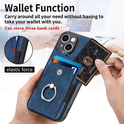 D2 For iPhone 13 6.1 inch Case Retro Rotation Ring Kickstand Leather Phone Back Cover