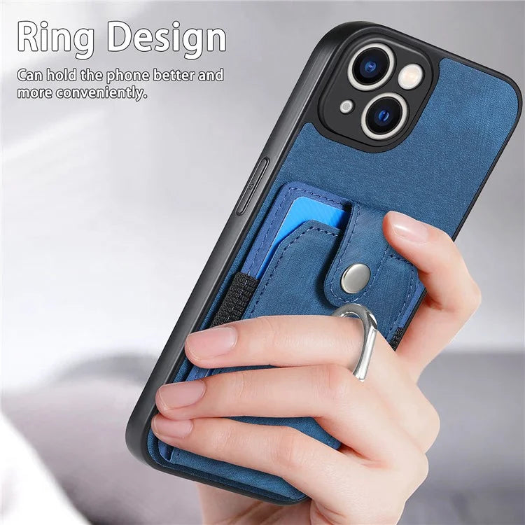 D2 For iPhone 13 6.1 inch Case Retro Rotation Ring Kickstand Leather Phone Back Cover