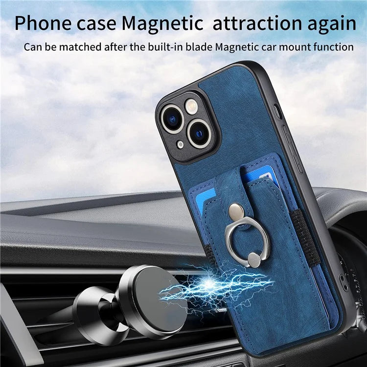D2 For iPhone 13 6.1 inch Case Retro Rotation Ring Kickstand Leather Phone Back Cover