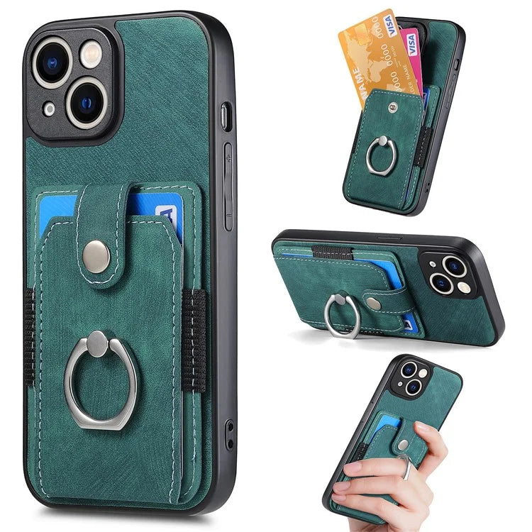 D2 For iPhone 13 6.1 inch Case Retro Rotation Ring Kickstand Leather Phone Back Cover
