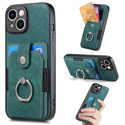 D2 For iPhone 13 6.1 inch Case Retro Rotation Ring Kickstand Leather Phone Back Cover