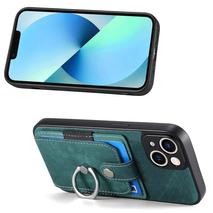 D2 For iPhone 13 6.1 inch Case Retro Rotation Ring Kickstand Leather Phone Back Cover