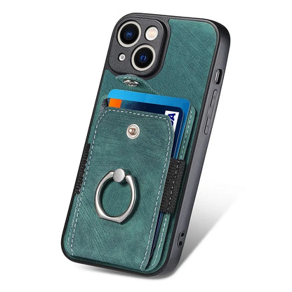 D2 For iPhone 13 6.1 inch Case Retro Rotation Ring Kickstand Leather Phone Back Cover