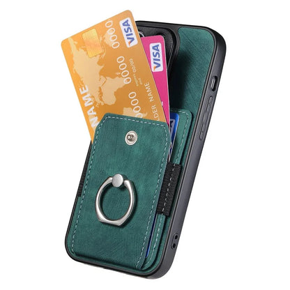 D2 For iPhone 13 6.1 inch Case Retro Rotation Ring Kickstand Leather Phone Back Cover