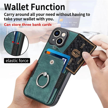 D2 For iPhone 13 6.1 inch Case Retro Rotation Ring Kickstand Leather Phone Back Cover