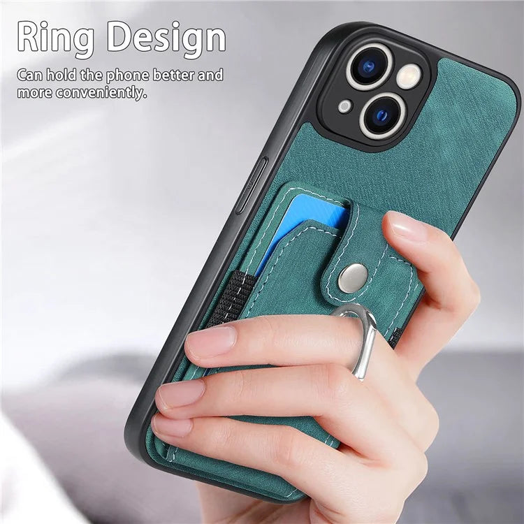 D2 For iPhone 13 6.1 inch Case Retro Rotation Ring Kickstand Leather Phone Back Cover
