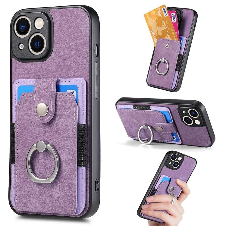 D2 For iPhone 13 6.1 inch Case Retro Rotation Ring Kickstand Leather Phone Back Cover