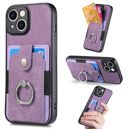 D2 For iPhone 13 6.1 inch Case Retro Rotation Ring Kickstand Leather Phone Back Cover