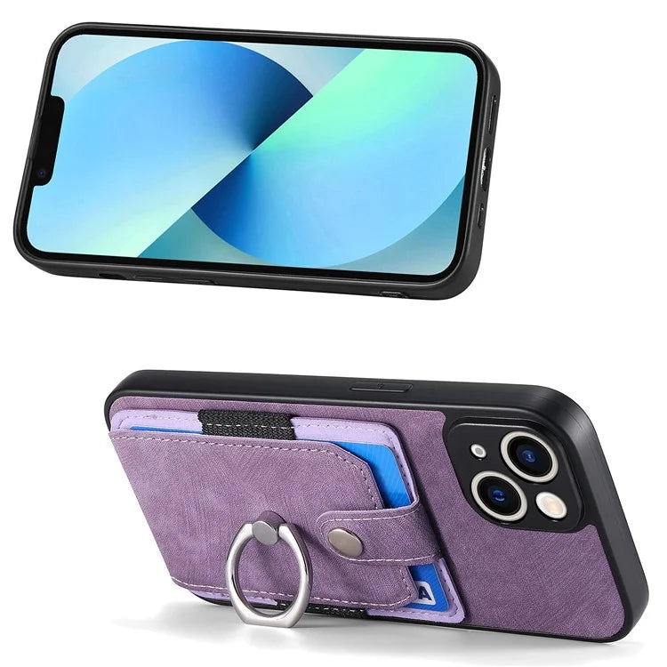 D2 For iPhone 13 6.1 inch Case Retro Rotation Ring Kickstand Leather Phone Back Cover