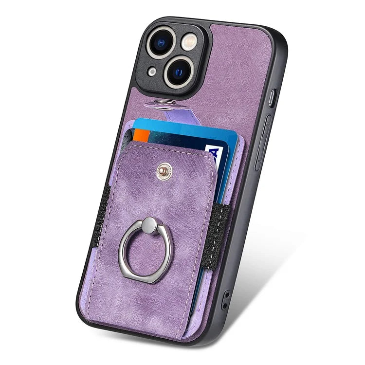 D2 For iPhone 13 6.1 inch Case Retro Rotation Ring Kickstand Leather Phone Back Cover