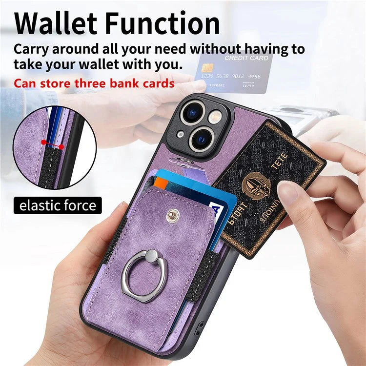 D2 For iPhone 13 6.1 inch Case Retro Rotation Ring Kickstand Leather Phone Back Cover