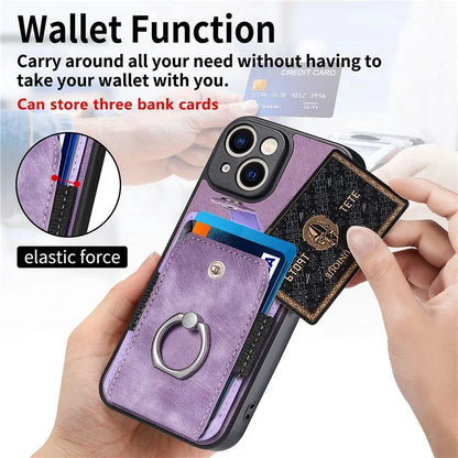 D2 For iPhone 13 6.1 inch Case Retro Rotation Ring Kickstand Leather Phone Back Cover