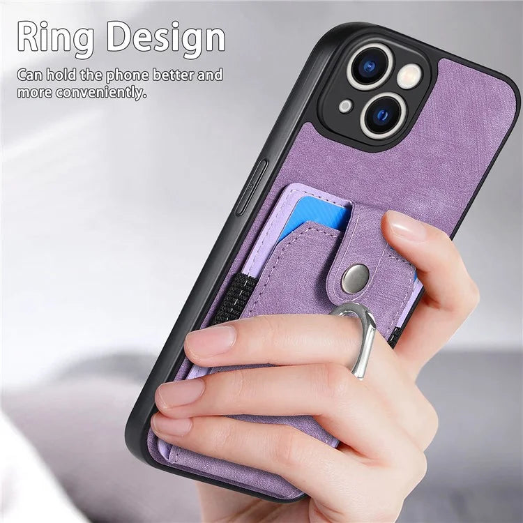 D2 For iPhone 13 6.1 inch Case Retro Rotation Ring Kickstand Leather Phone Back Cover