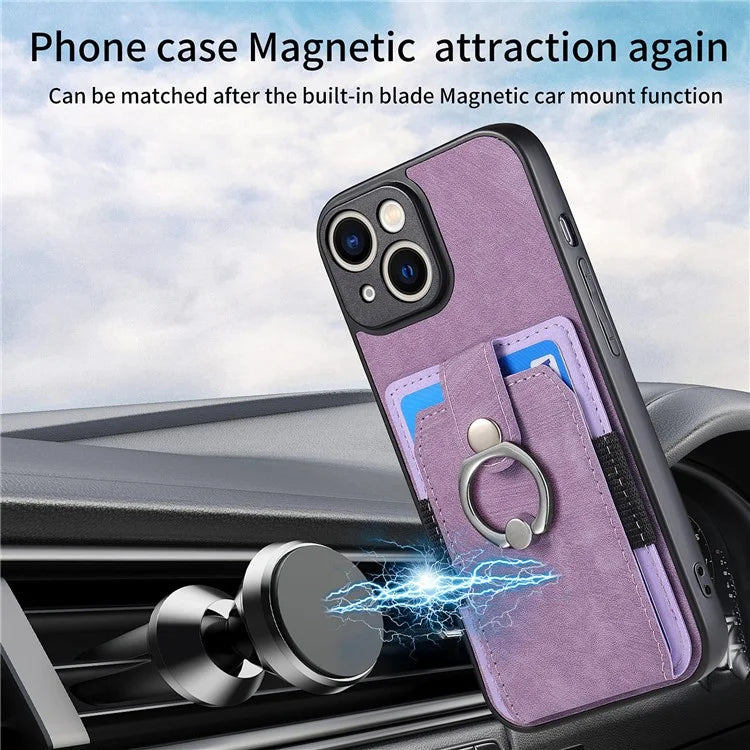 D2 For iPhone 13 6.1 inch Case Retro Rotation Ring Kickstand Leather Phone Back Cover
