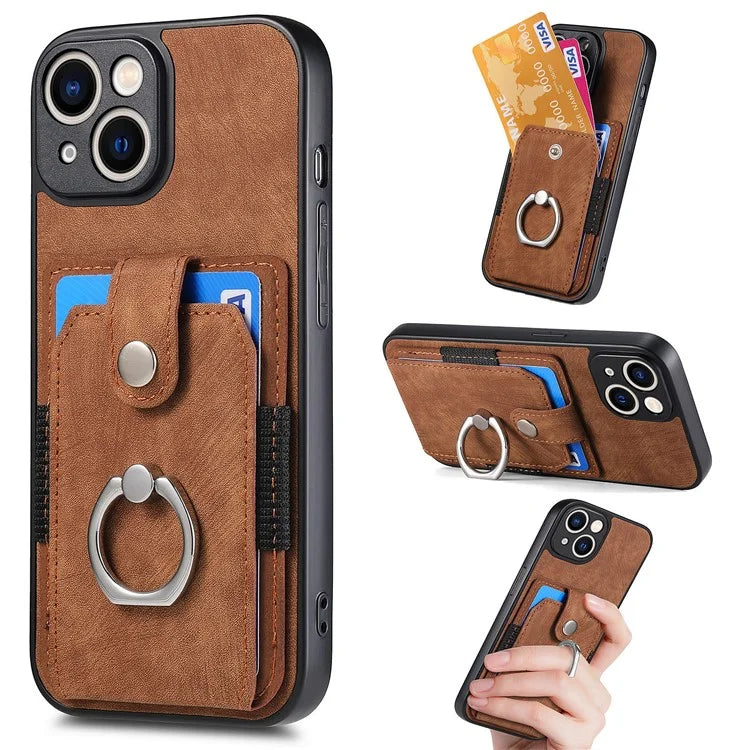 D2 For iPhone 13 6.1 inch Case Retro Rotation Ring Kickstand Leather Phone Back Cover