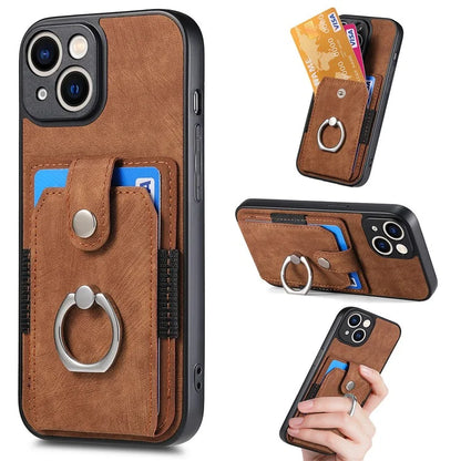 D2 For iPhone 13 6.1 inch Case Retro Rotation Ring Kickstand Leather Phone Back Cover
