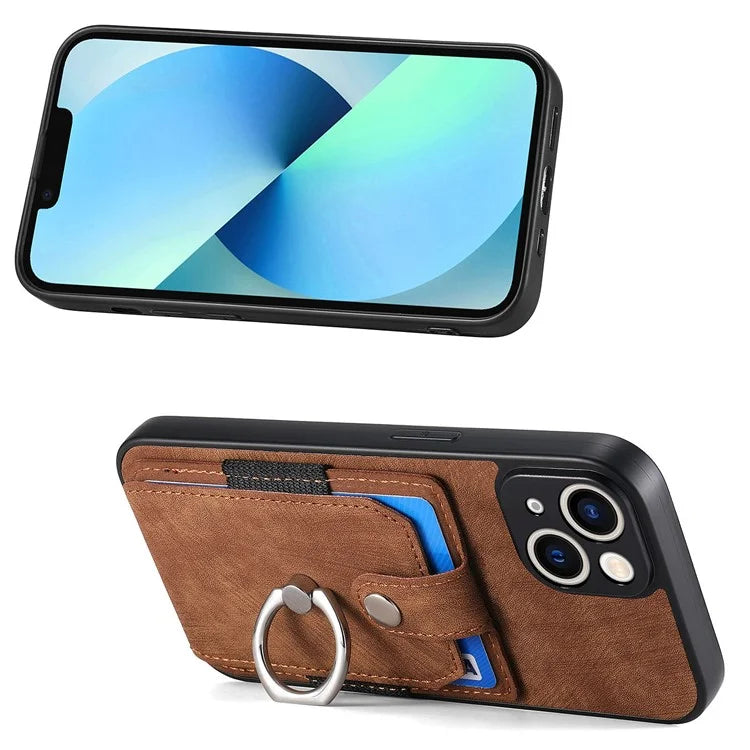 D2 For iPhone 13 6.1 inch Case Retro Rotation Ring Kickstand Leather Phone Back Cover