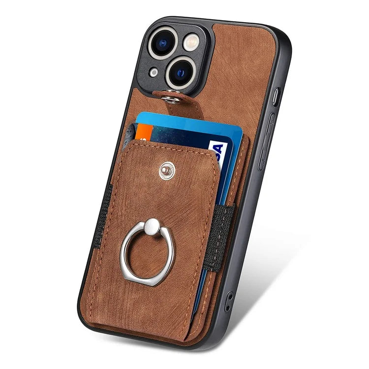 D2 For iPhone 13 6.1 inch Case Retro Rotation Ring Kickstand Leather Phone Back Cover