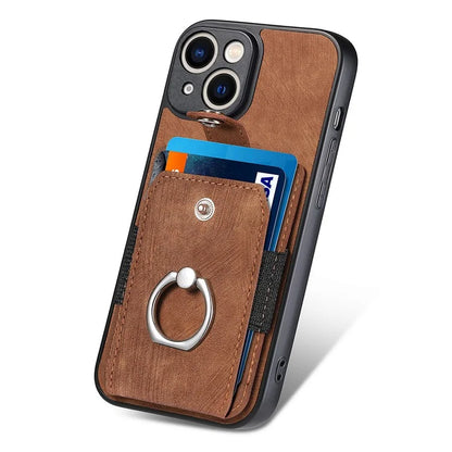 D2 For iPhone 13 6.1 inch Case Retro Rotation Ring Kickstand Leather Phone Back Cover