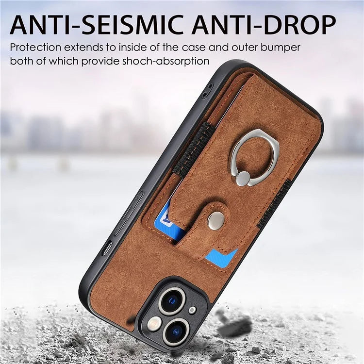 D2 For iPhone 13 6.1 inch Case Retro Rotation Ring Kickstand Leather Phone Back Cover