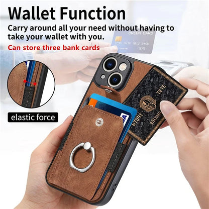 D2 For iPhone 13 6.1 inch Case Retro Rotation Ring Kickstand Leather Phone Back Cover