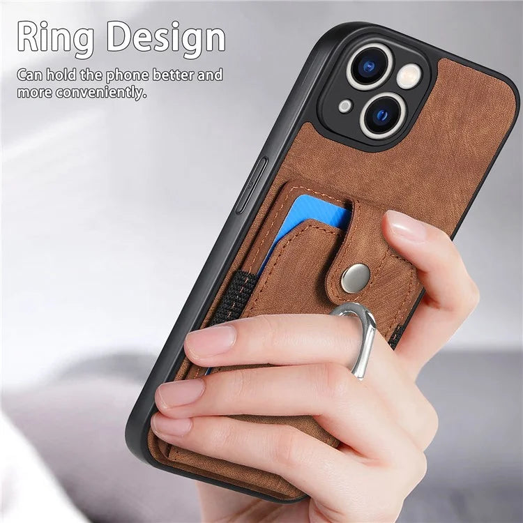 D2 For iPhone 13 6.1 inch Case Retro Rotation Ring Kickstand Leather Phone Back Cover