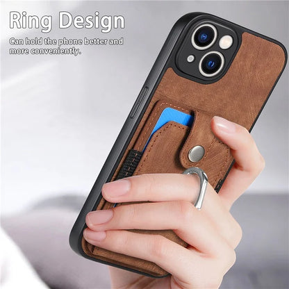 D2 For iPhone 13 6.1 inch Case Retro Rotation Ring Kickstand Leather Phone Back Cover