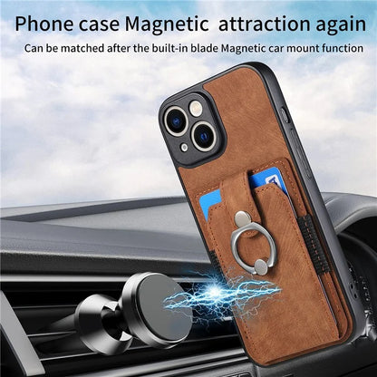 D2 For iPhone 13 6.1 inch Case Retro Rotation Ring Kickstand Leather Phone Back Cover