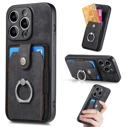 D2 For iPhone 14 Pro Max Phone Cover Ring Kickstand Card Holder PU Leather+TPU Phone Case