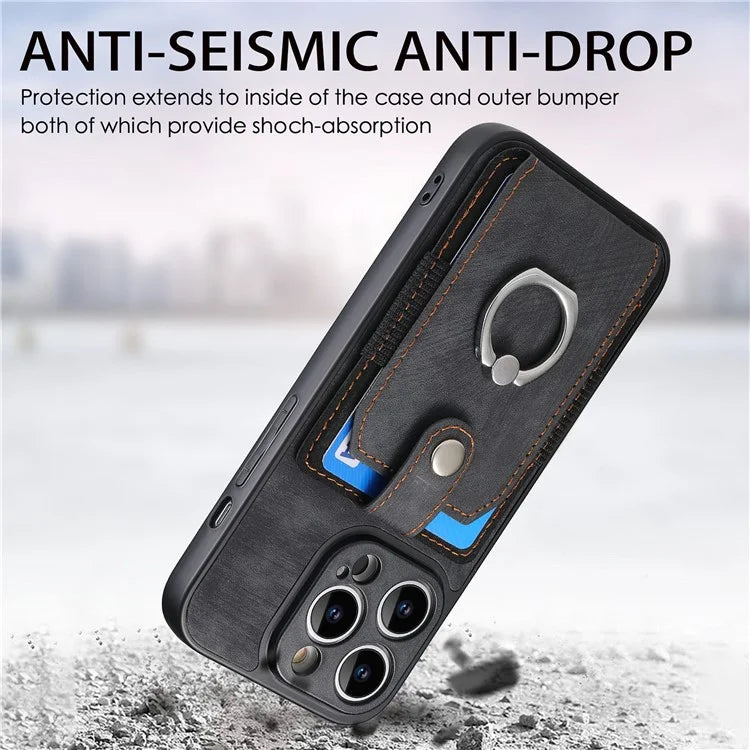 D2 For iPhone 14 Pro Max Phone Cover Ring Kickstand Card Holder PU Leather+TPU Phone Case