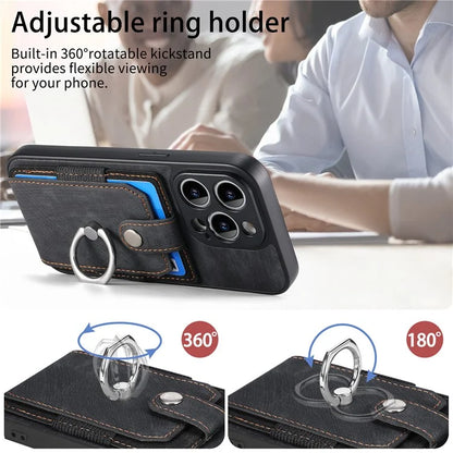 D2 For iPhone 14 Pro Max Phone Cover Ring Kickstand Card Holder PU Leather+TPU Phone Case